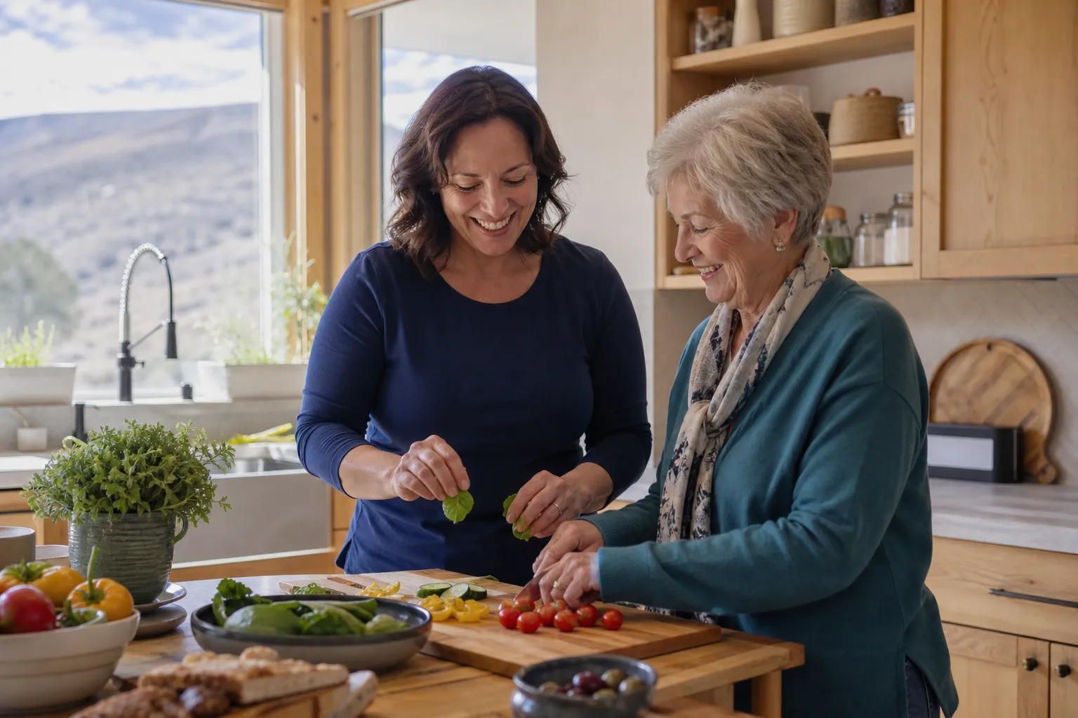 A caregiver and older adult preparing a fresh meal together